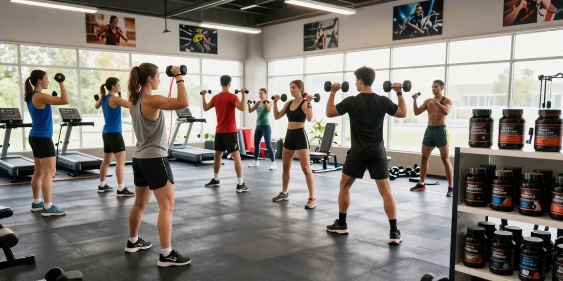 Professionelles Fitness-Training mit Global Pharma Steroids im Hintergrund, Athleten in Aktion im modernen Gym.