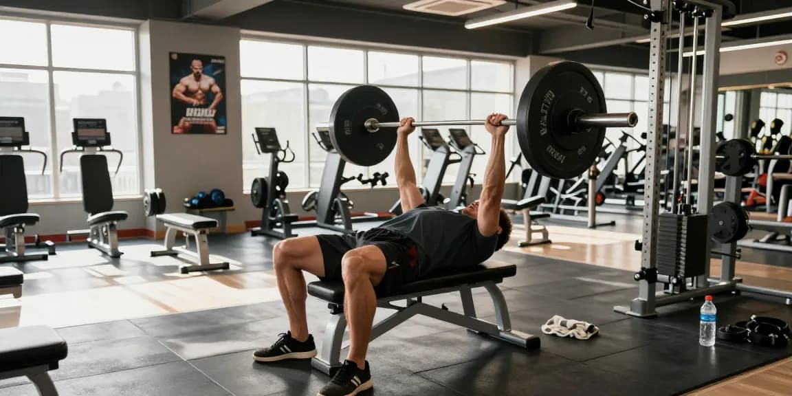 Anabolika Shop: Bodybuilder im Fitnessstudio beim Training, umgeben von Gewichten und motivierenden Postern.