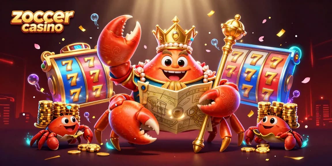 Zoccer casino showcases a vibrant scene with a golden crab emperor, slot reels, and festive elements.