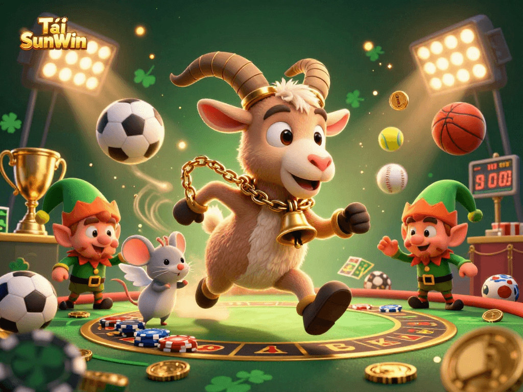 Tải SunWin showcases festive 3D casino action with Krampus, an angel mouse, and elf gremlins stealing excitement.