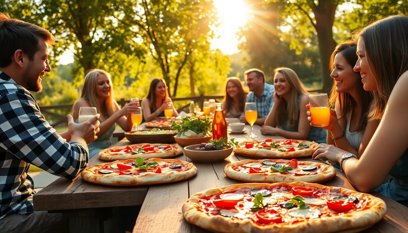 Pizzanap gathering with friends enjoying delicious, freshly made pizzas outdoors, capturing a joyful atmosphere.