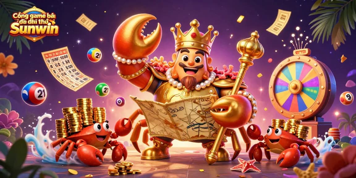 Cổng game bài đổi thưởng Sunwin showcases excitement and winning opportunities with vibrant casino elements and a lively crab emperor theme.