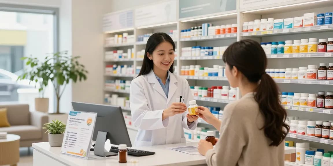 Beratung im Selliza Pharma Shop zur Auswahl von Gesundheitsprodukten und Nahrungsergänzungsmitteln.