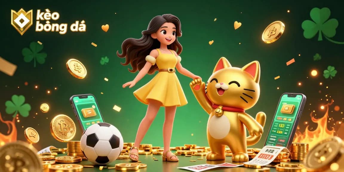 Experience kèo bóng đá with a cheerful woman and golden lucky cat amidst vibrant sports betting elements.