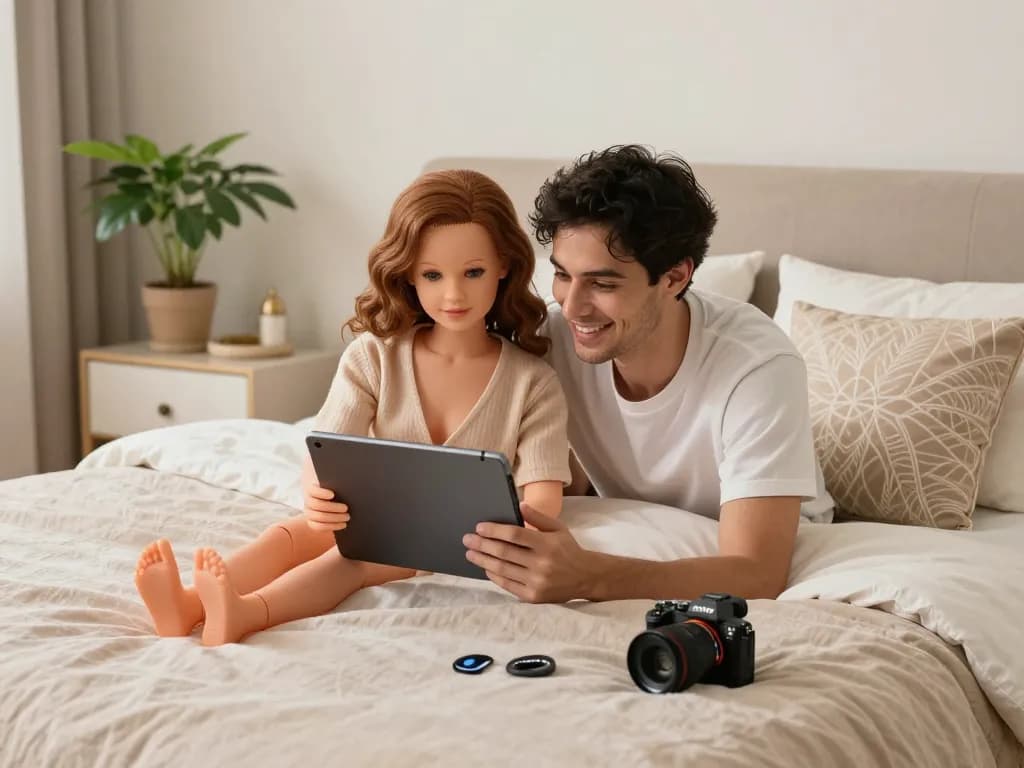 Paar erkundet die Funktionen der besten Sexpuppe in einem gemütlichen Schlafzimmer während eines verspielten Moments.