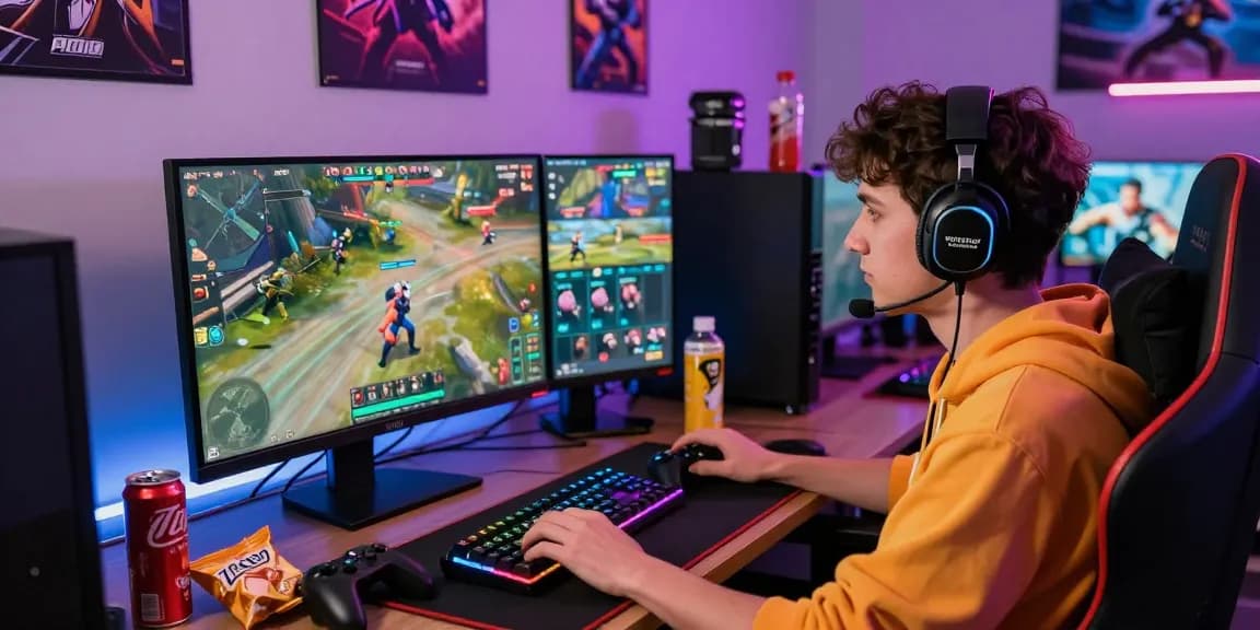 Gamer engaged in action with FAFA828 game setup, colorful gear, and dynamic atmosphere.