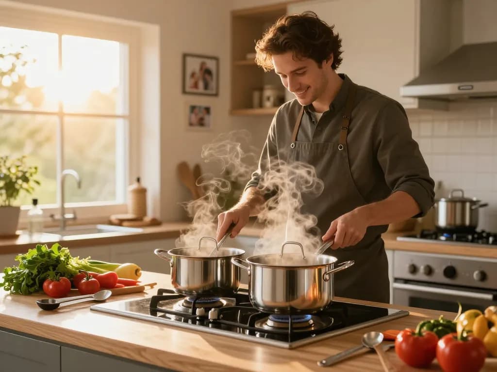 Hauskoch bereitet eine bunte Mahlzeit mit Edelstahl-Kochtöpfen zu und schafft eine warme und einladende Küchenatmosphäre.