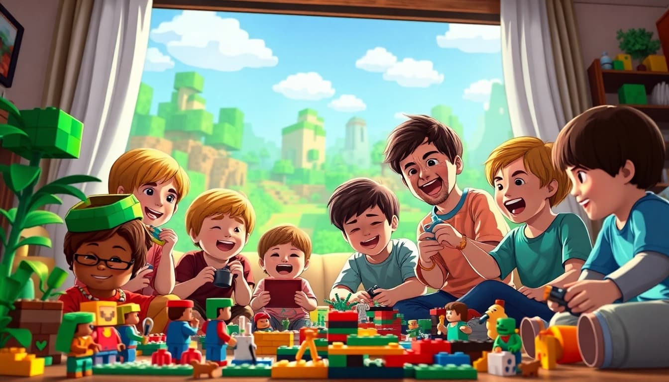 Lego Minecraft spielende Kinder mit bunten Figuren und Strukturen.
