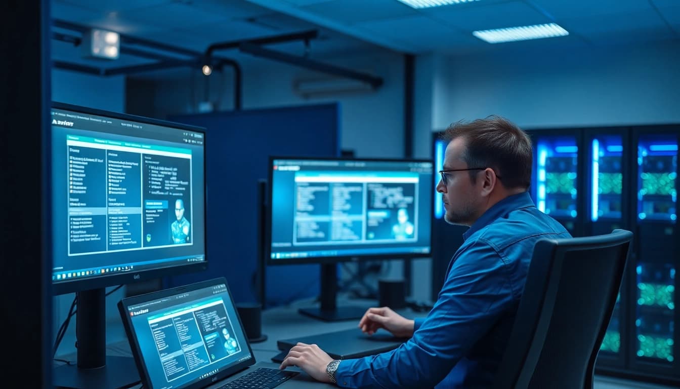 MS Server 2025 Standard Original Lizenz in einem modernen IT-Arbeitsplatz mit Bildschirmansichten.