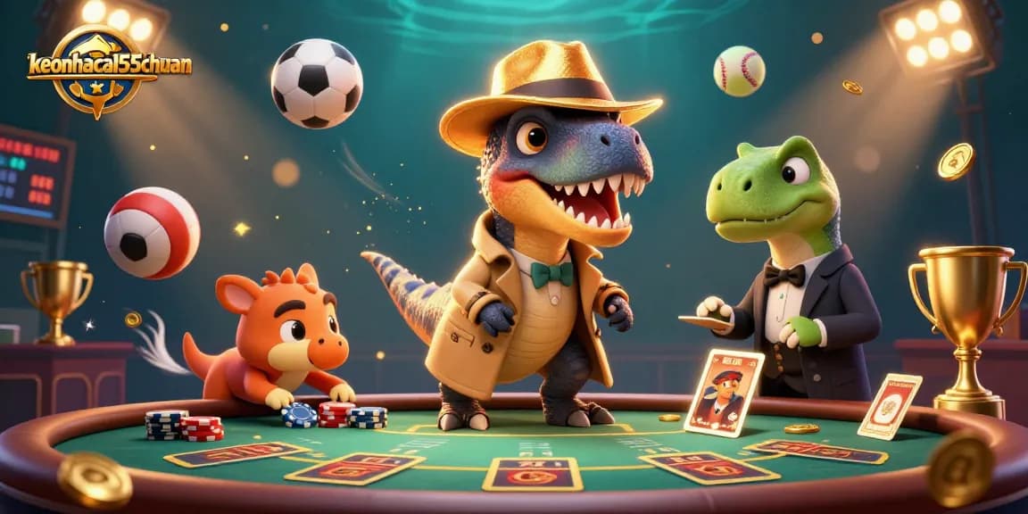 Engage with the keonhacai55chuan gambling scene featuring a velociraptor card counter and dynamic sports elements.