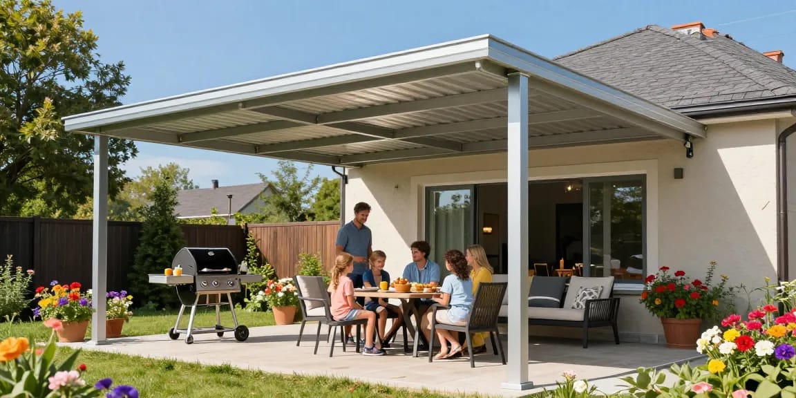 Moderne Terrassenüberdachungen aus Aluminium für entspannte Outdoor-Aktivitäten.