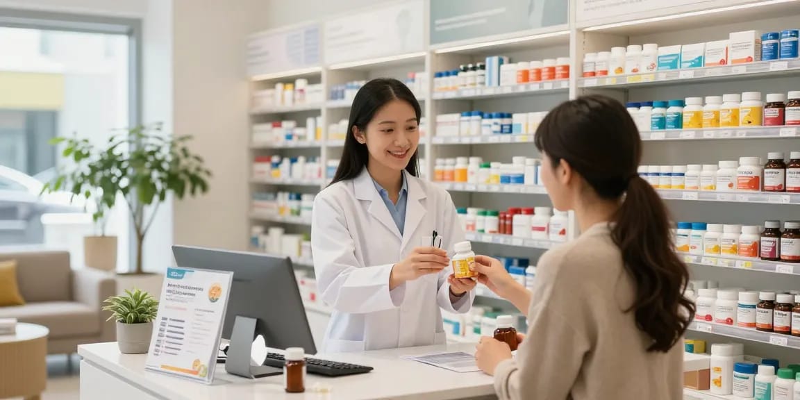 Beratung im Selliza Pharma Shop zur Auswahl von Gesundheitsprodukten und Nahrungsergänzungsmitteln.