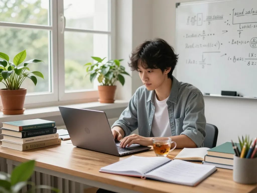 Student, der in einer gemütlichen Ecke lernt und Hausaufgaben mit Laptop und Büchern löst.