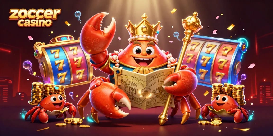 Zoccer casino showcases a vibrant scene with a golden crab emperor, slot reels, and festive elements.