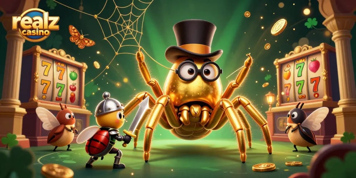Experience the excitement at realz casino with a vibrant 3D scene featuring a golden tarantula and beetle knight.