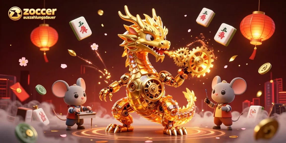 Visualisierung der Zoccer Casino Auszahlungsdauer mit Drachen und Mahjong-Elementen