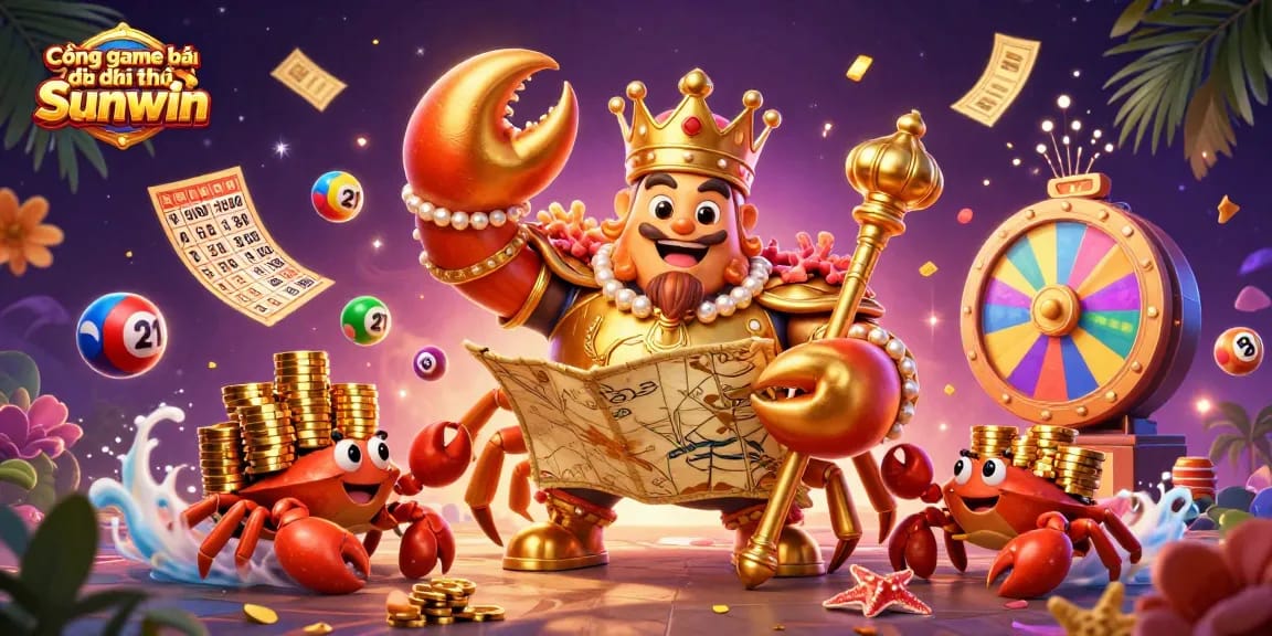 Cổng game bài đổi thưởng Sunwin showcases excitement and winning opportunities with vibrant casino elements and a lively crab emperor theme.