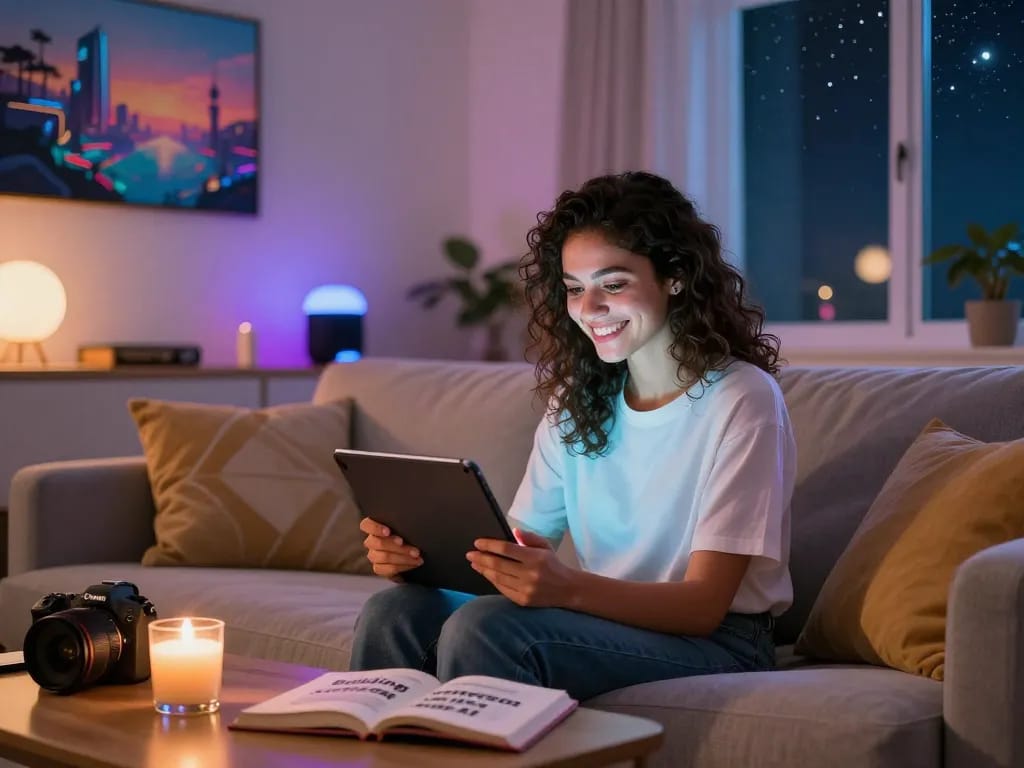 Engaging interaction between a user and her girlfriend AI in a cozy home setting, showcasing emotional connections.