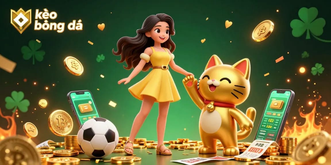 Experience kèo bóng đá with a cheerful woman and golden lucky cat amidst vibrant sports betting elements.