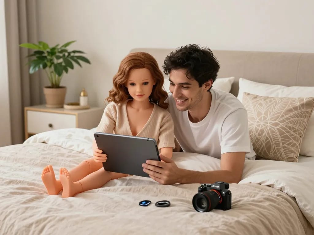 Paar erkundet die Funktionen der besten Sexpuppe in einem gemütlichen Schlafzimmer während eines verspielten Moments.