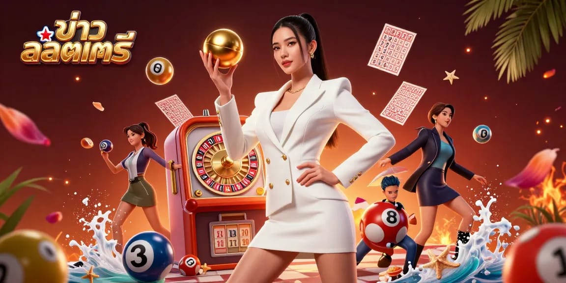 Engage in ข่าวลอตเตอรี่ with our vibrant 3D illustration showcasing lottery elements and a confident character.