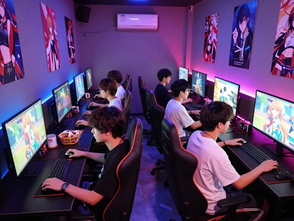 Exciting scene of friends enjoying a hentai game in a vibrant gaming lounge.