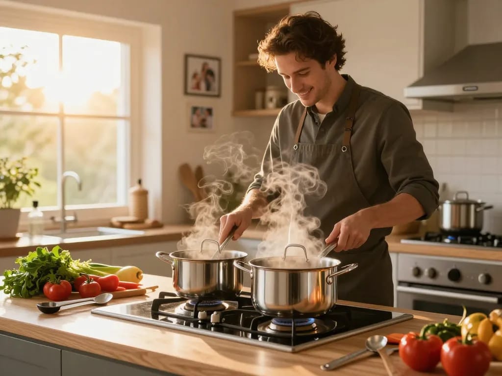 Hauskoch bereitet eine bunte Mahlzeit mit Edelstahl-Kochtöpfen zu und schafft eine warme und einladende Küchenatmosphäre.