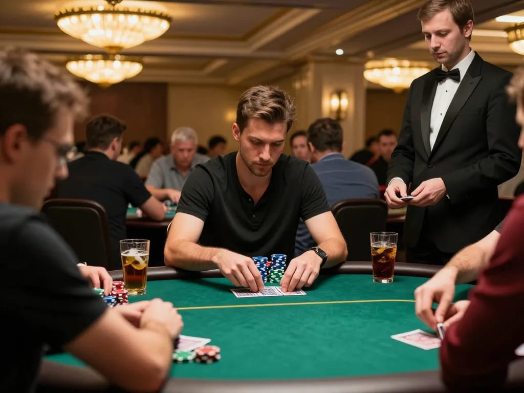Player engaged in strategic gameplay at a poker table, assessing hand strength with the KI Detektor deutsch in mind.
