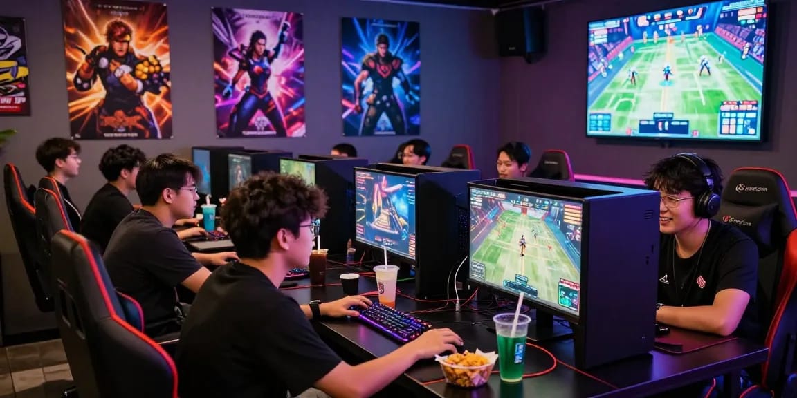 ผู้เล่นกำลังสนุกกับ playme8 ในคาเฟ่เกมที่เต็มไปด้วยบรรยากาศที่มีชีวิตชีวา