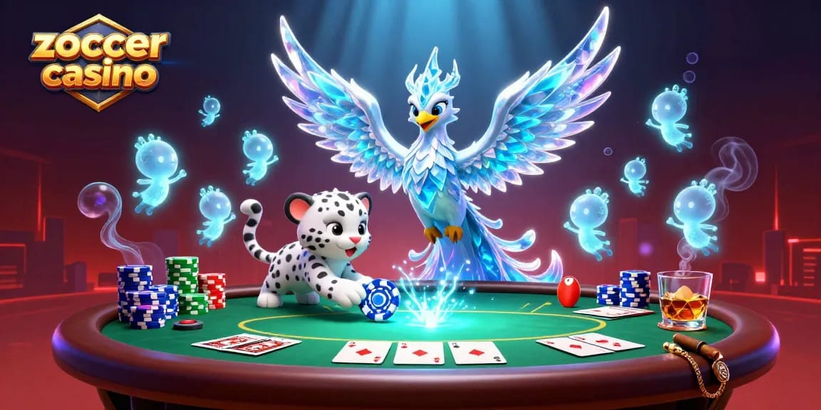 Experience gaming excitement with zoccer casino; an ice phoenix and playful characters amid poker elements.