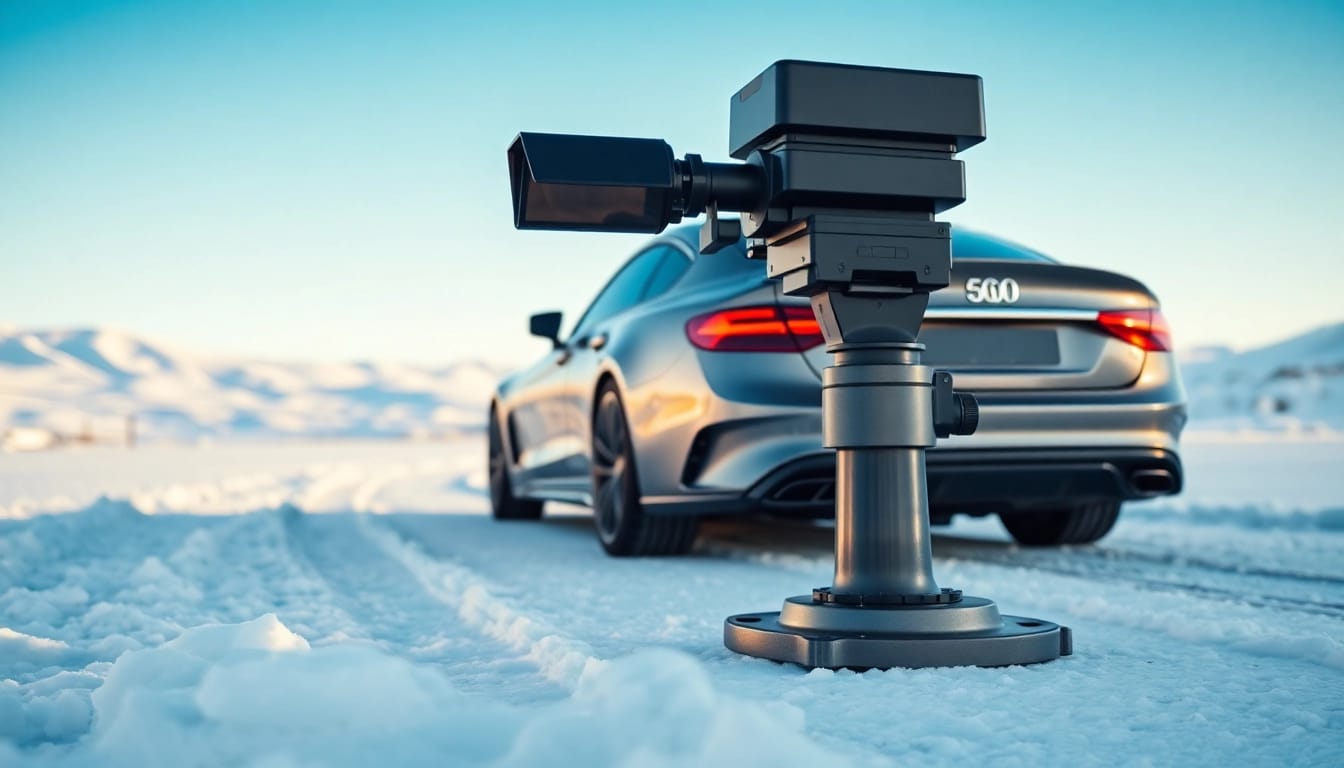 Effiziente Auto Kufen im Fokus, umgeben von einer schneebedeckten Landschaft.
