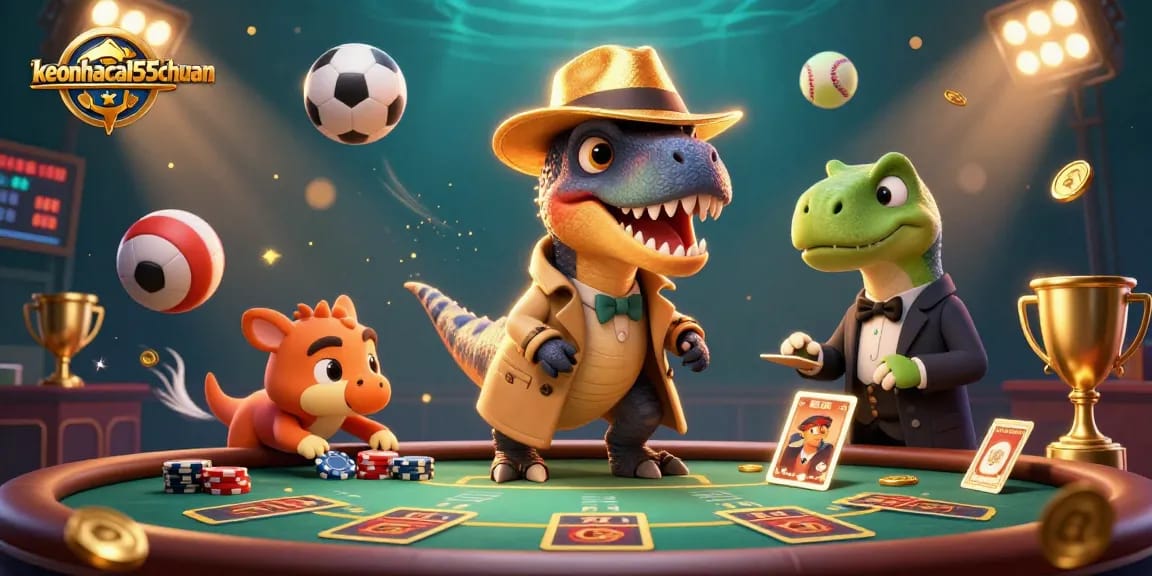 Engage with the keonhacai55chuan gambling scene featuring a velociraptor card counter and dynamic sports elements.