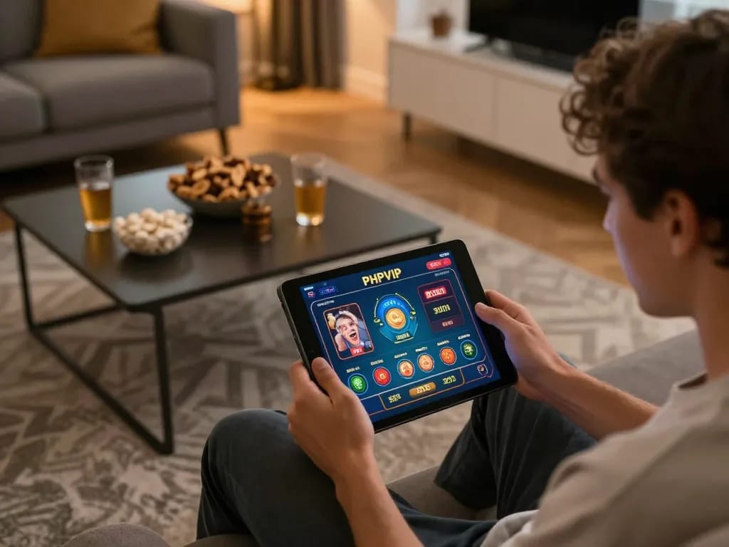 Engaged player enjoying PHPVIP casino on tablet, showcasing interactive gaming at home