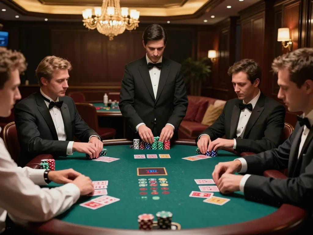 Players enjoying high-stakes blackjack at CM88 poker table in a luxurious casino setting