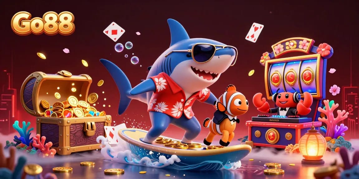 Engage with Go88's thrilling gaming world, featuring a shark and clownfish on a treasure-filled coral stage.