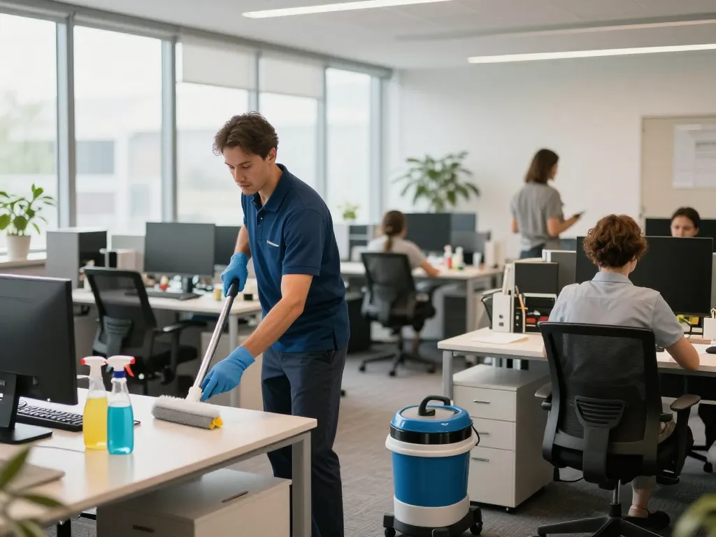Zuverlässige Gebäudereinigung in Dülmen, die einen professionellen Reiniger zeigt, der einen modernen Büroraum mit natürlichem Licht desinfiziert.