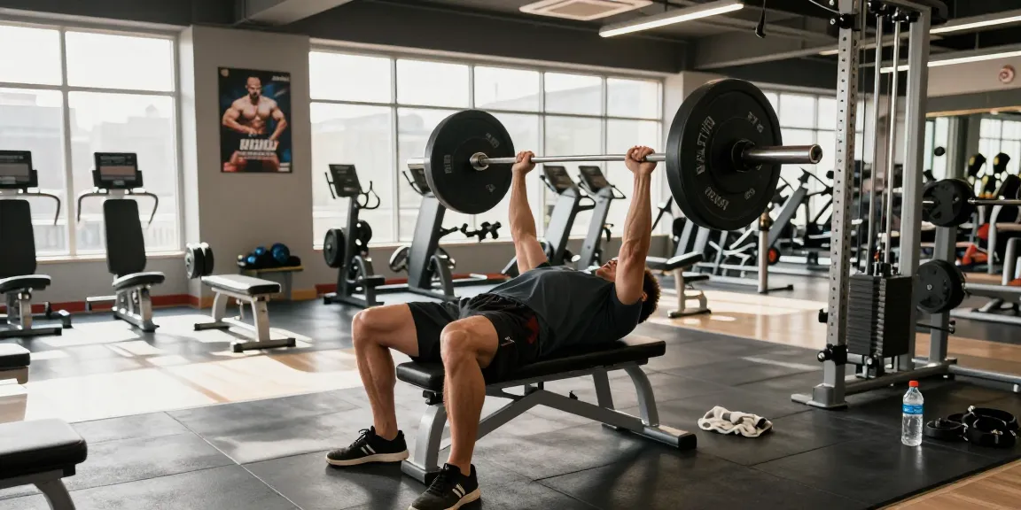Anabolika Shop: Bodybuilder im Fitnessstudio beim Training, umgeben von Gewichten und motivierenden Postern.