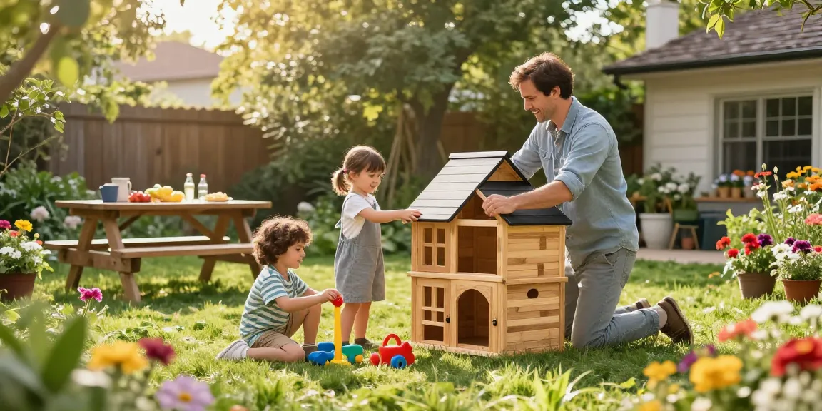 Gartenhaus kaufen: Familie genießt den Garten, während sie ein Holz-Gartenhaus aufbaut.