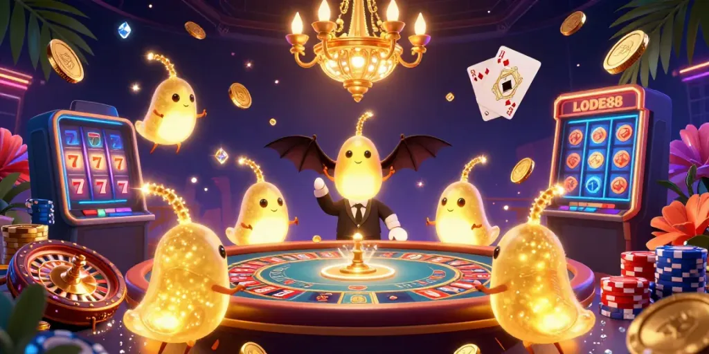 Experience the lively atmosphere of Lode88 casino as glowworms illuminate the gaming tables.