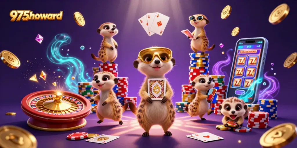 Gamblers at 975howard engage with cheerful meerkats running a vibrant casino scene.