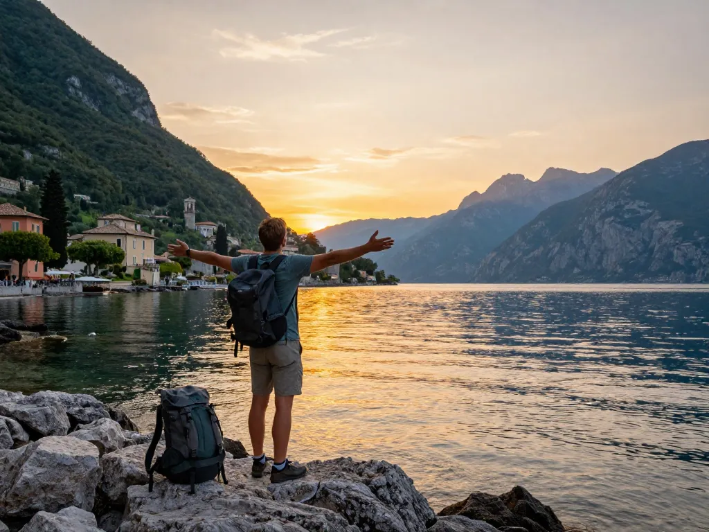 Gardasee Reisetipps: Atemberaubende Sonnenuntergangsansicht am Gardasee mit Reisendem, der die Natur umarmt.