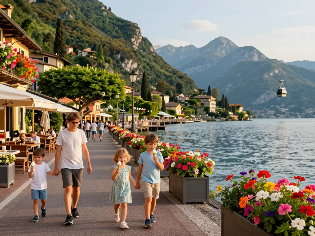 Reisetipps Gardasee: Familie genießt Eis entlang der lebhaften Promenade am Gardasee.