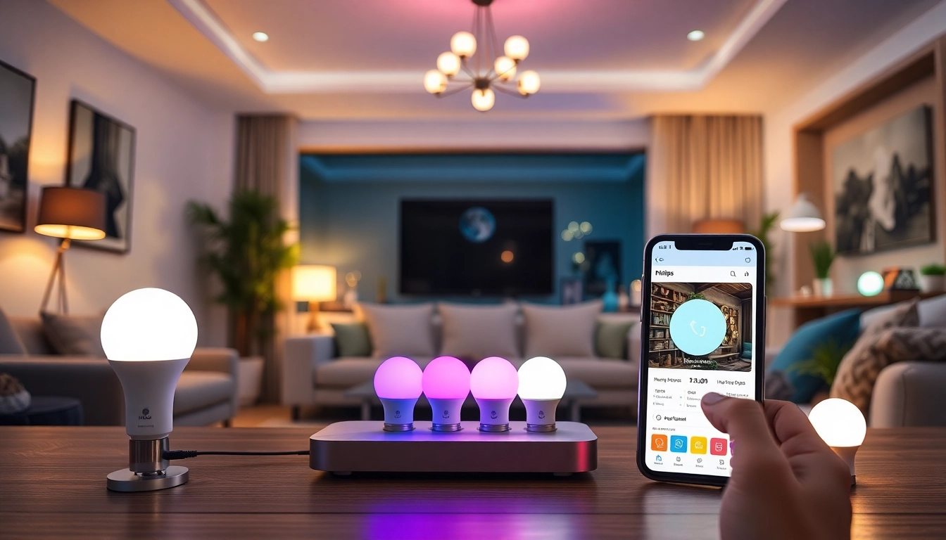 Hue Bridge Pro Migration wird in einem modernen Smart-Home-Setup mit lebhaften Philips Hue-Lichtern präsentiert.