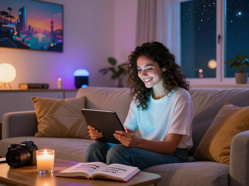 Engaging interaction between a user and her girlfriend AI in a cozy home setting, showcasing emotional connections.