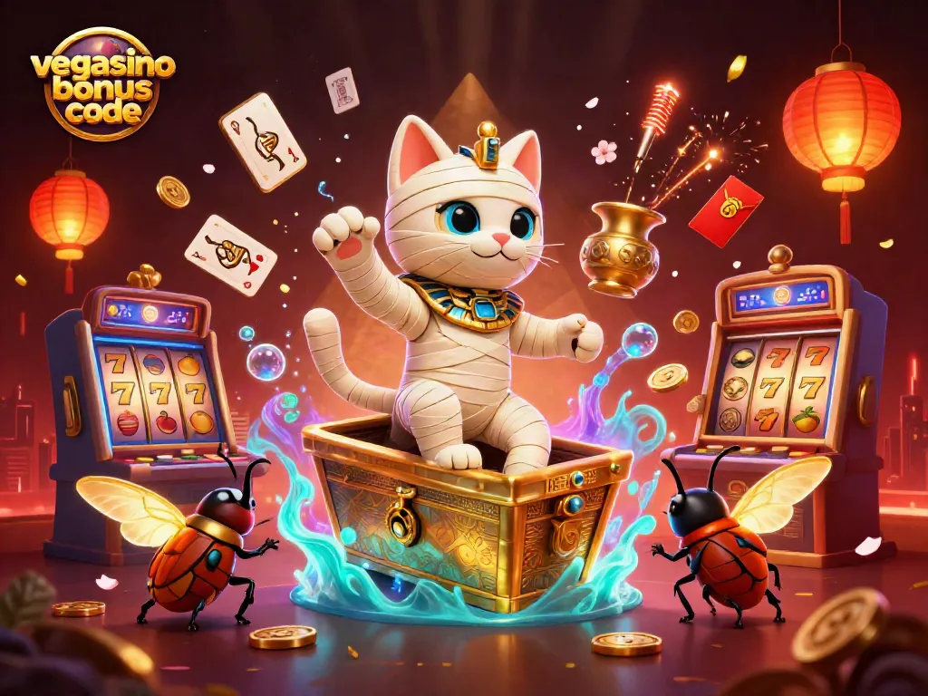 Claim your vegasino bonus code with the Egyptian mummy cat amidst vibrant casino action!