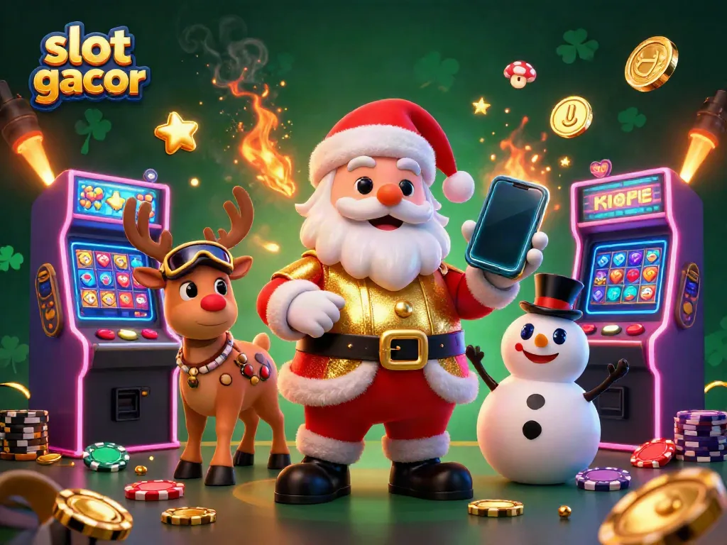 Experience the thrill of slot gacor with our vibrant casino-themed illustration featuring Santa and friends.