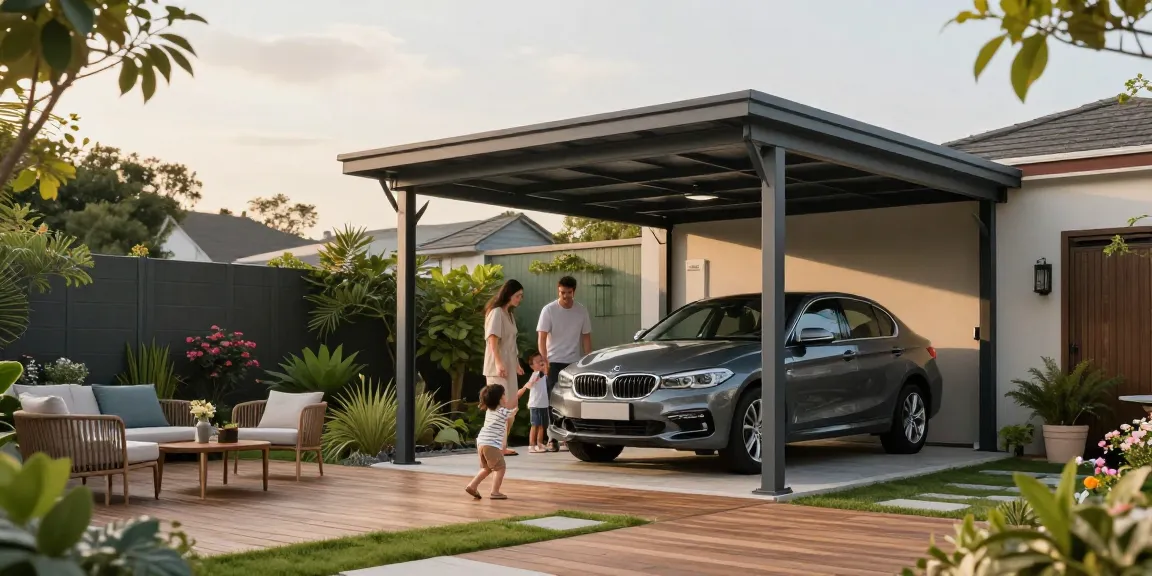 Modernen Carport im Garten, Familie parkt glücklich ihr Auto und spielt im Freien.