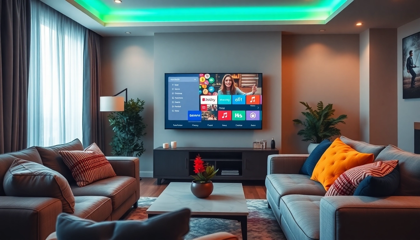 Informative portrayal of IPTV TV Service in a modern living room setup with vibrant colors.