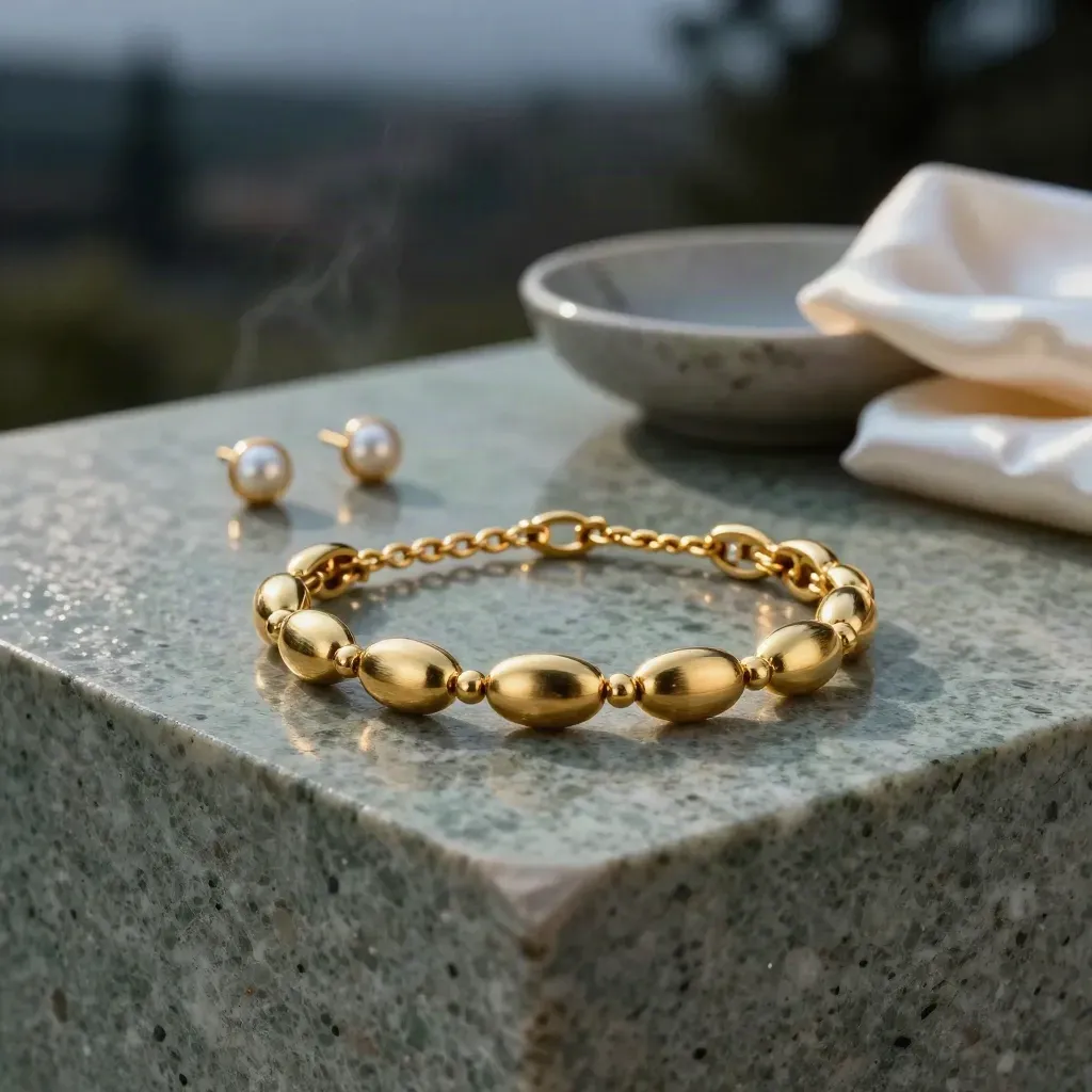 Goldenes Gliederarmband mit Kette, Ohrsteckern und Stein-Schale auf nassem Travertin
