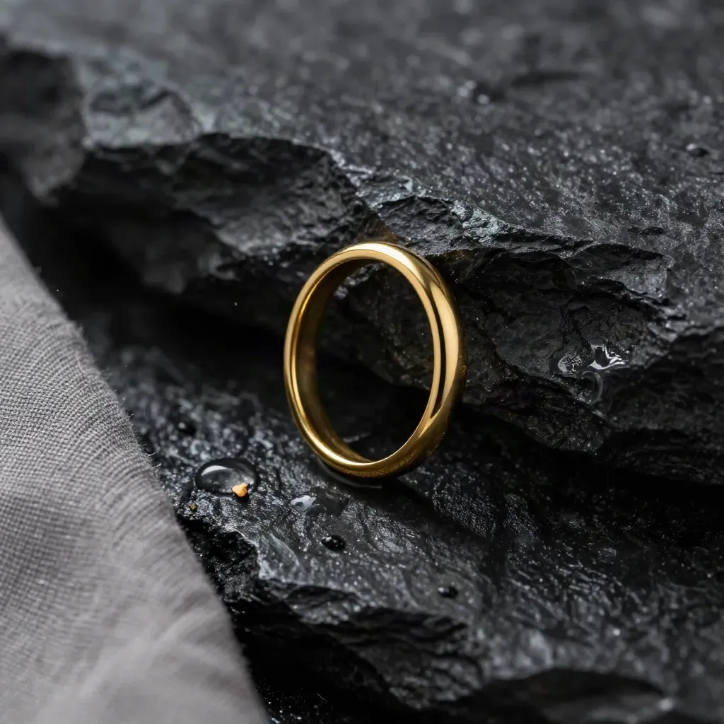 Goldener Ring auf nassem Basalt mit Wassertropfen und Leinentuch im Makrolicht.